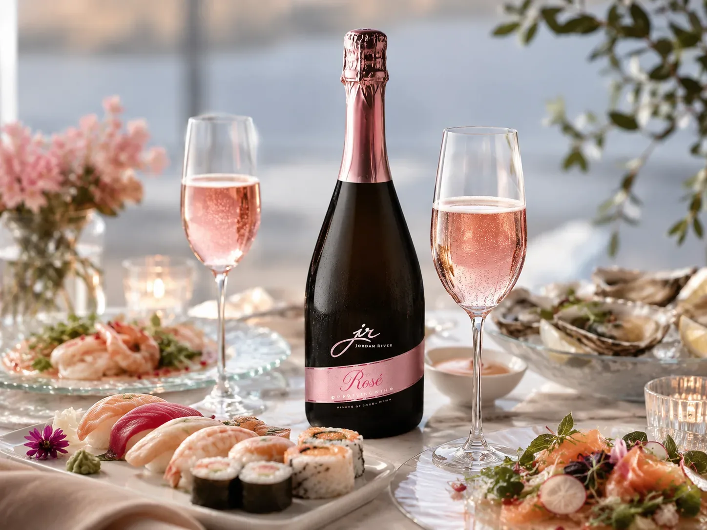 華やかな食事とJORDAN RIVER スパークリングワイン – ロゼ（ JORDAN RIVER SPARKLING WINE – ROSÉ）